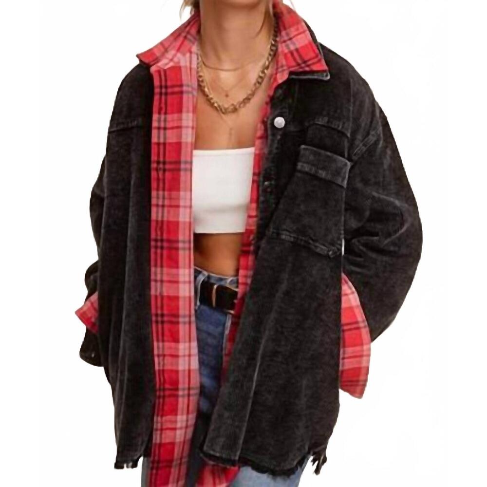 NEW LA MIEL oversized washed fabric corduroy button down jacket in black